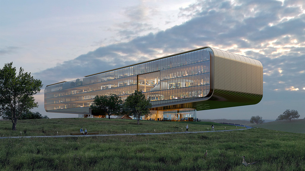 A large building with a glass front.