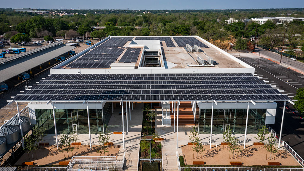 A building with solar panels.