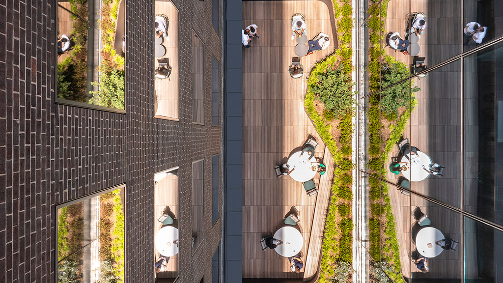 A group of people in a courtyard.